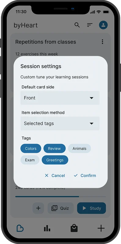 byHeart app swiper options page screenshot