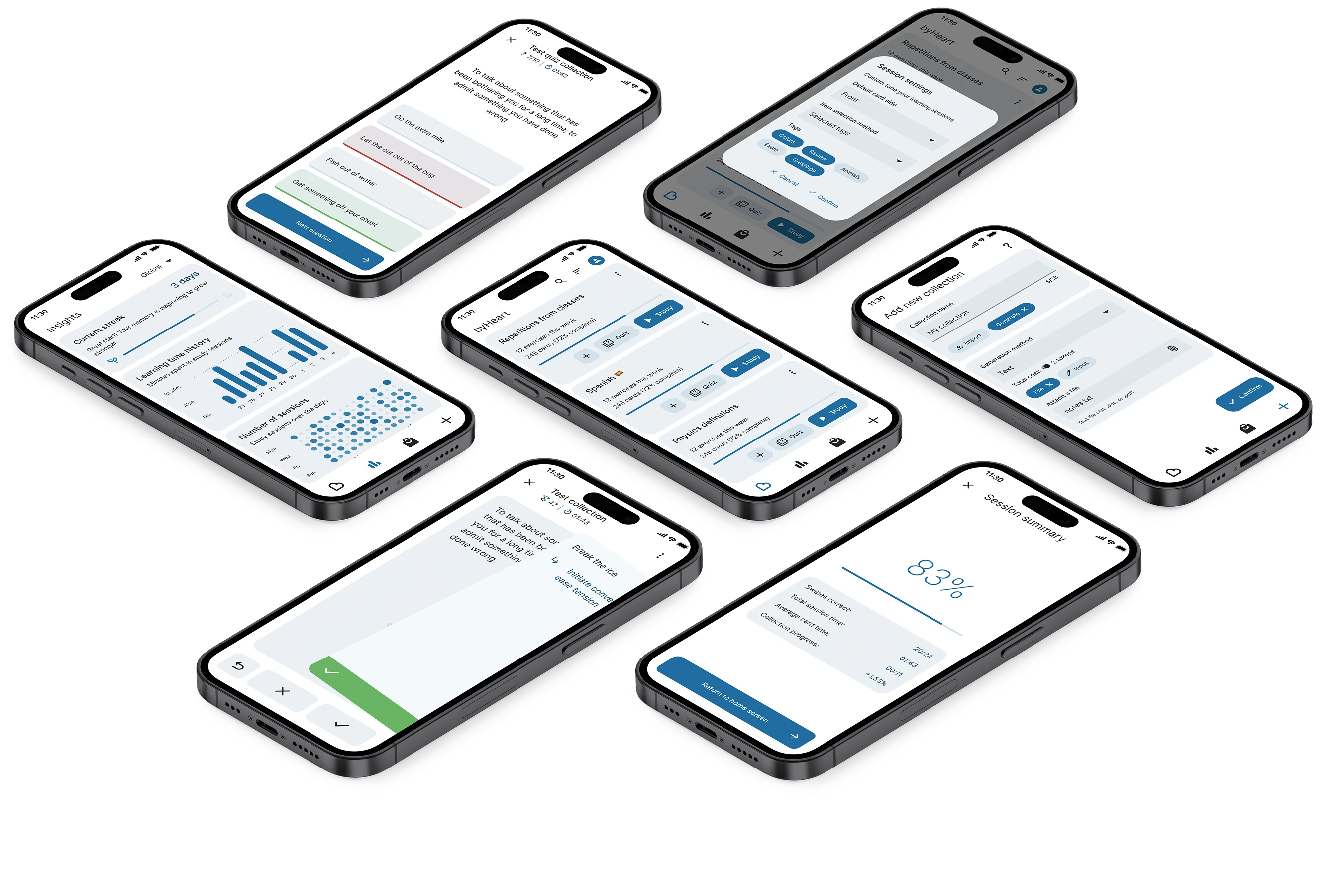 An illustration of various phone screens showing selected features of the byHeart app
